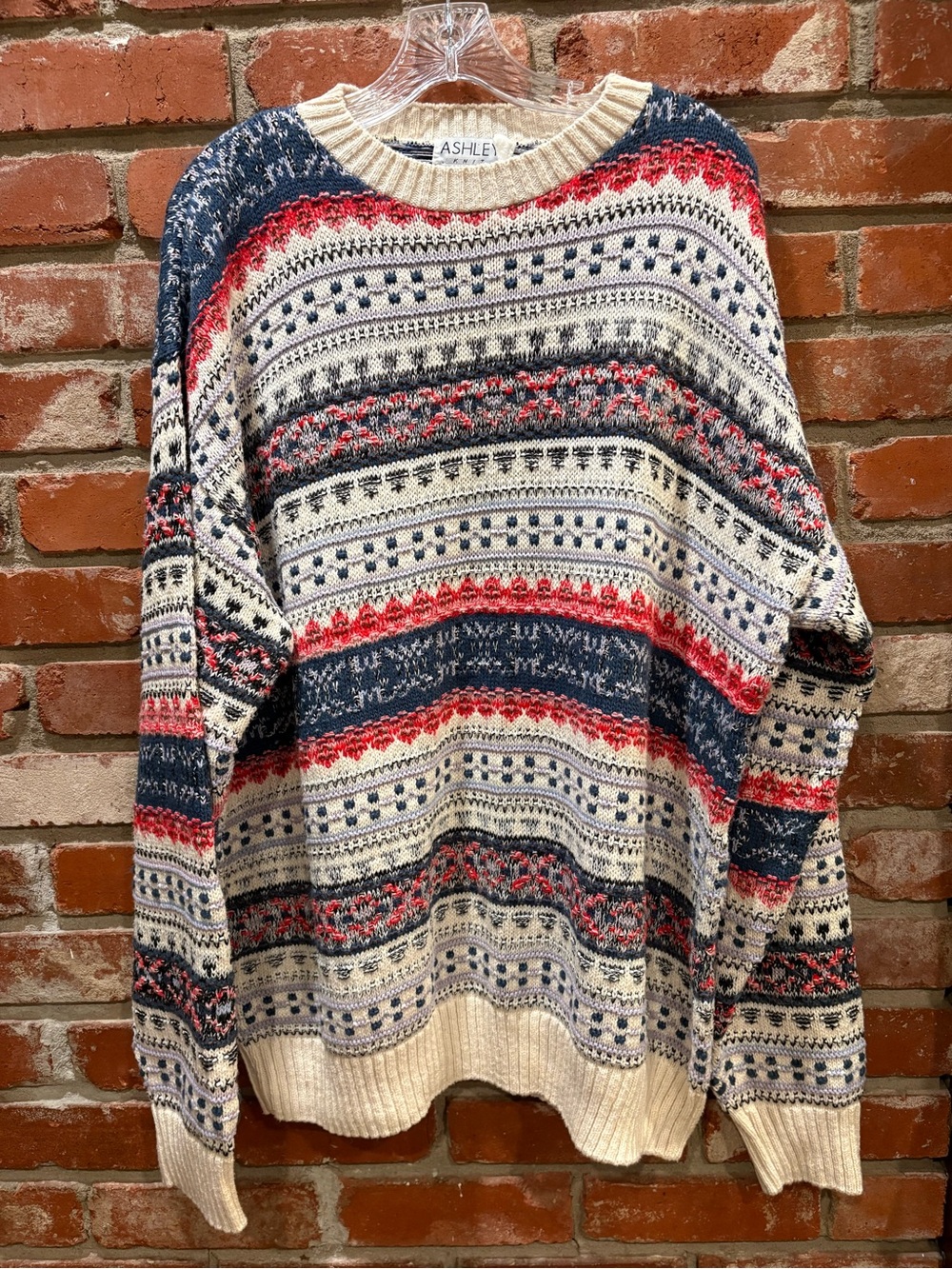 Ashley By 26 International Navy, Red & Cream Patterned Crewneck Sweater